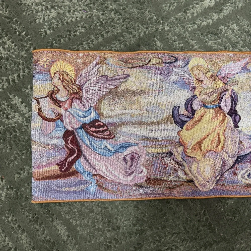 Lena Liu Angels Woven Tapestry Table Runner Tassels Glitter Whimsigoth Vintage